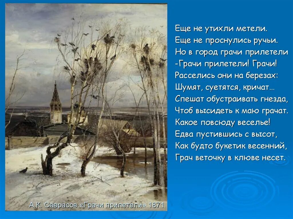 Саврасов Грачи прилетели 1871. А. К. Саврасов. Грачи прилетели (1871 г.). Грачи прилетели картина Саврасова. 2 класс грачи прилетели составить текст