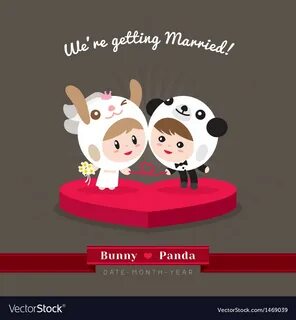Cute kawaii groom and bride character in rabbit and panda helmet ready to g...