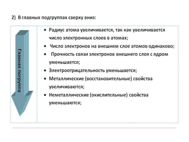 Радиус атома в группе сверху вниз. Изменение свойств элементов в главных подгруппах. Окислительные свойства в главных подгруппах сверху вниз. Окислительные свойства по группе сверху вниз.