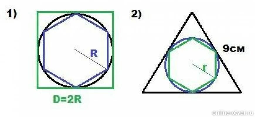 Сторона треугольника описанного вокруг квадрата. Правильный шестиугольник вписанный в окружность. Шестигранник вписанный в окружность. Шестигранник вписанный в квадрат. Вписанный и описанный шестигранник.