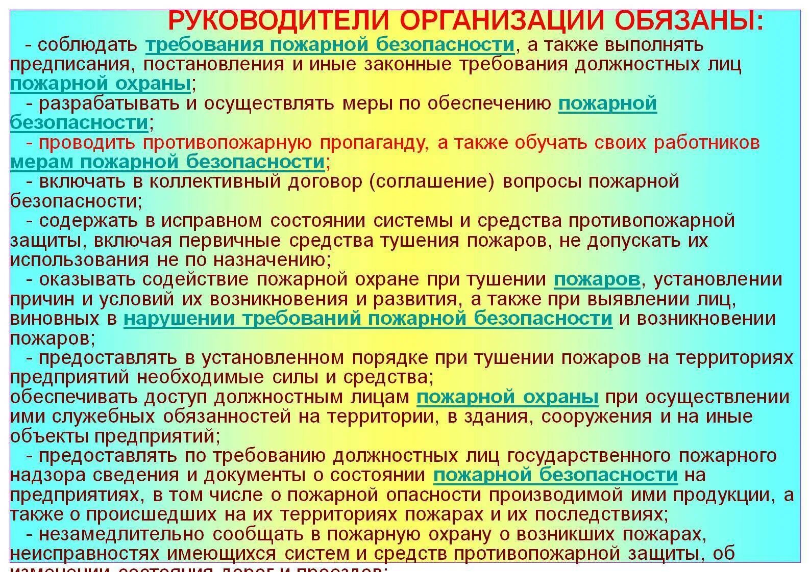Обеспечение и выполнение работ ответственность. Требования по обеспечению пожарной безопасности. контроль выполнения требований пожарной безопасности на предприятии. обязанности ответственного за обеспечение пожарной безопасности. руководитель организации обязан пожарная безопасность.