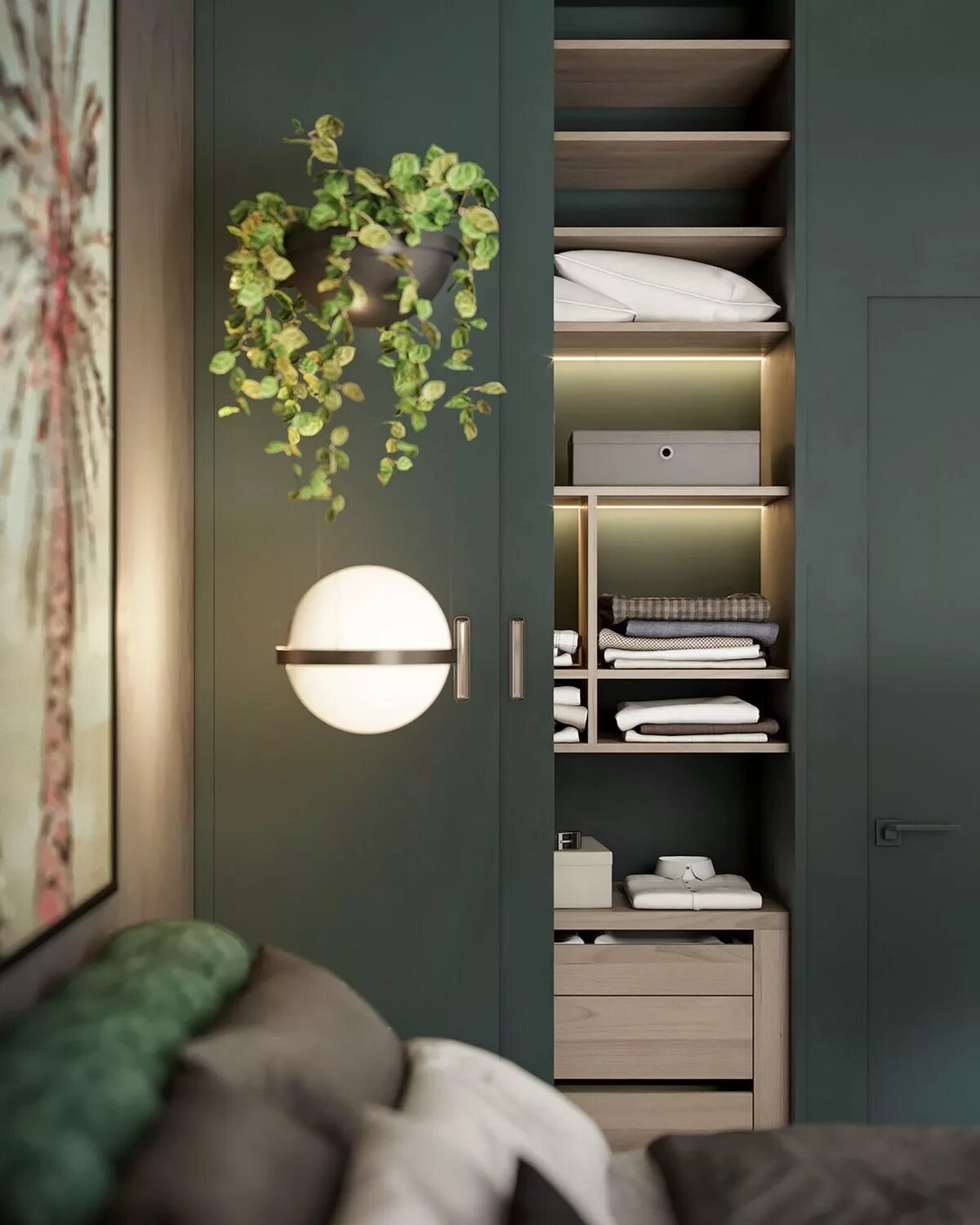 Зеленый шкаф в интерьере спальни The Habersham Wall Unit Open Remodel bedroom, Bedroom wall units, Basement gue