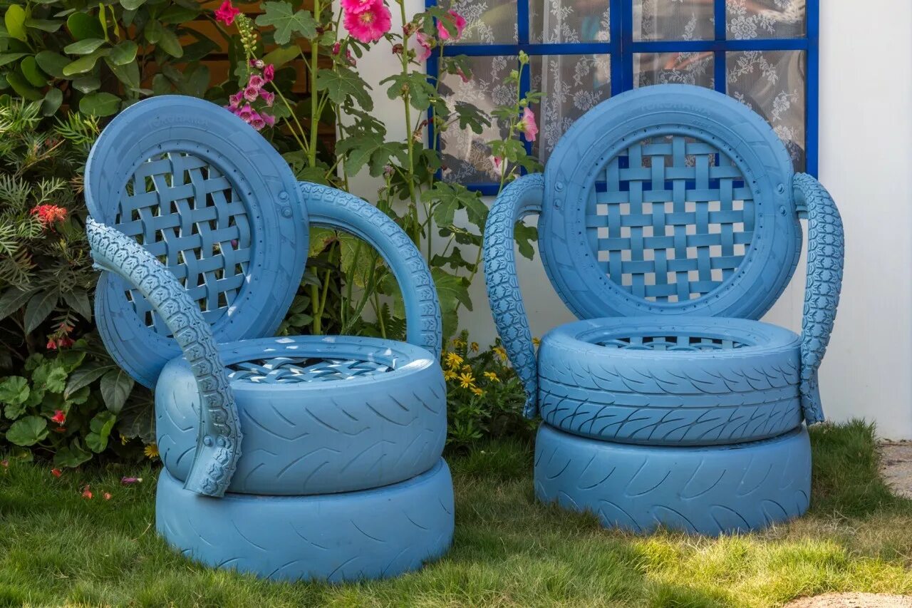 Новая жизнь предметов. Кресло из автомобильных покрышек. Изделия из шин для сада. Мебель из шин для сада. Мебель из старых шин на дачу.