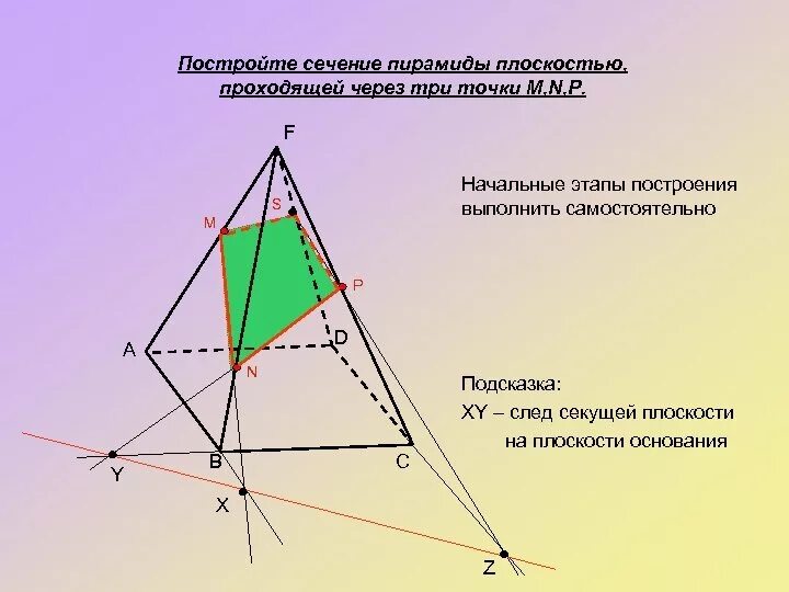 Построить сечение пирамиды проходящее через точки m n p. Построение сечения плоскостью. Построение сечений треугольной пирамиды. Построение сечения через точку. В сечении пирамиды плоскостью получается