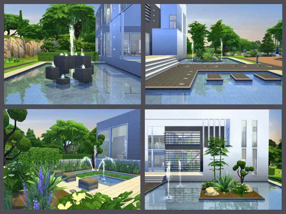 Симс 4 мод дома и участки. Дома с прудами в симс 4. дом sims 4 дизайн внешний. симс 4 оформление фасада. фонтан возле дома современной симс 4.