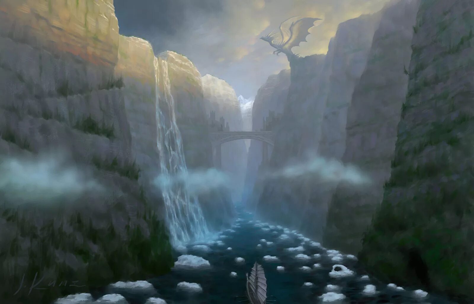 гроза над лесом. источник ревущего грома на маленьком мосту. Howling fjord art. мостик над горной рекой. гроза дракона геншин.