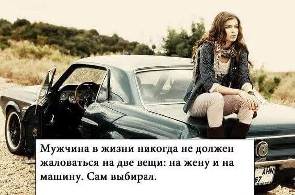 Никогда не жалуйся на жену и машину. Жену и машину сам выбирал. На жену и машину не жалуются сам выбирал. Мужчина сам выбирает женщину и машину.