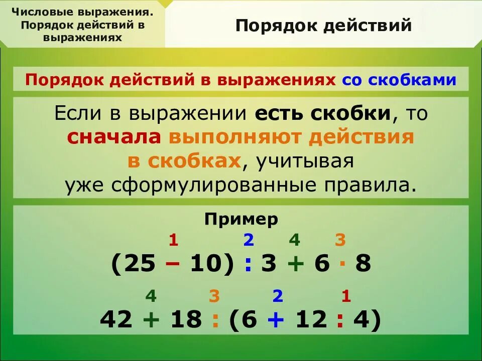 Математика 3 класс порядок выполнения действий в выражениях. Правила порядка выполнения действий в математике 3 класс. Правило на порядок действий математика 3 класс. Порядок выполнения действий в выражениях со скобками.