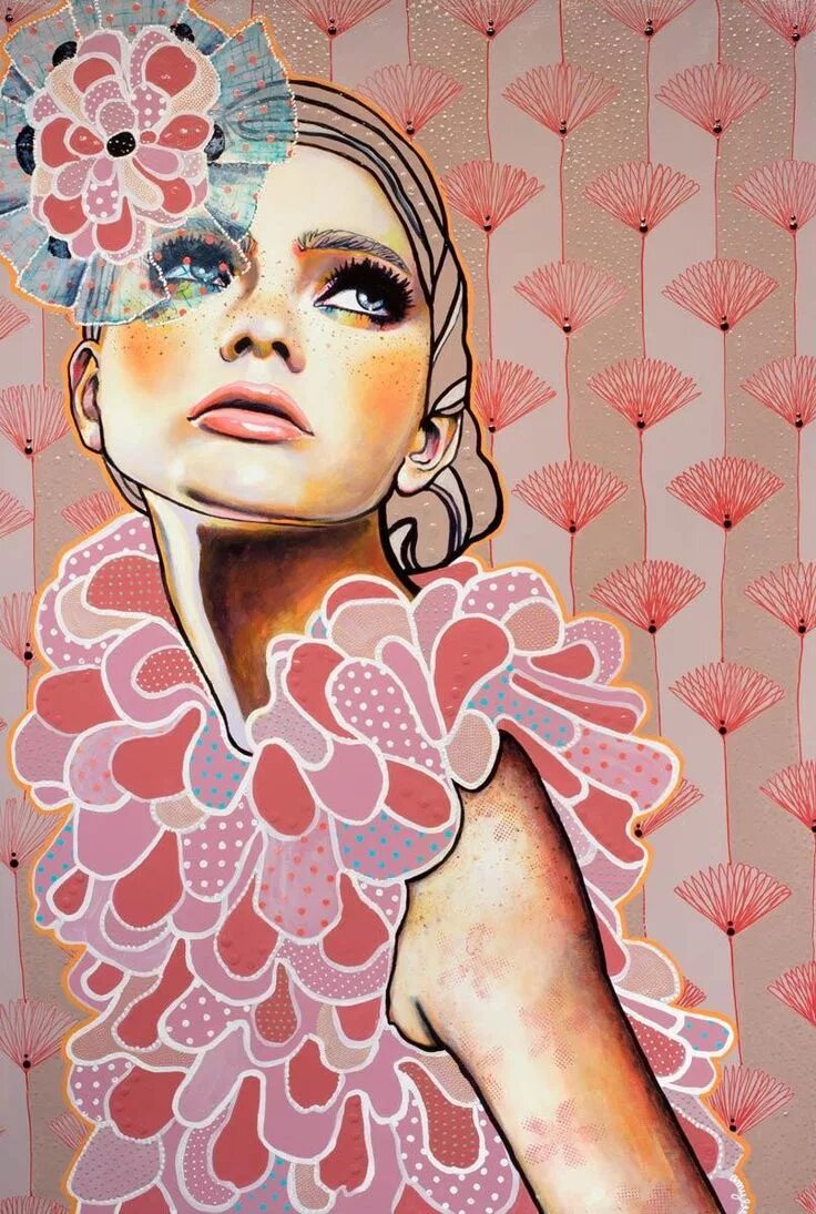 Sold art. Художница Joanna Misztal. Джоанна Мишталь. Картина с розовым элементом. Картины современные маски .. На лицах.