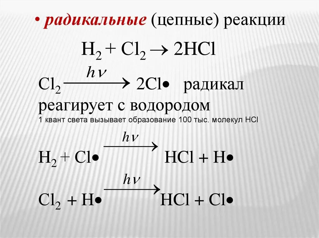 Типы радикальных реакций. Взаимодействие водорода с хлором реакция. Цепная реакция хлора с водородом. Цепной механизм реакции хлора с водородом. Цепная химическая реакция хлор.