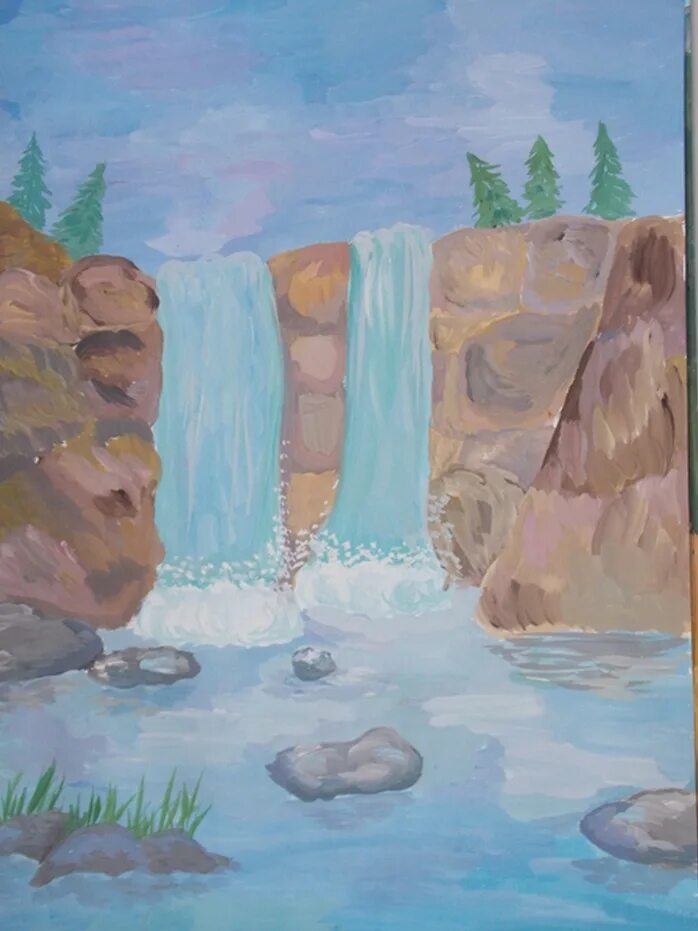 Нарисовать воду 2 класс окружающий мир. Водопад рисунок. Водопад рисунок для детей. Пейзаж детский рисунок. Рисование водопада для детей.