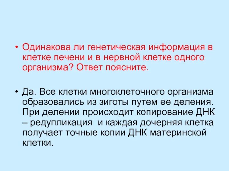 Реализация наследственной клетки. Генетическая информация дочерних клеток.