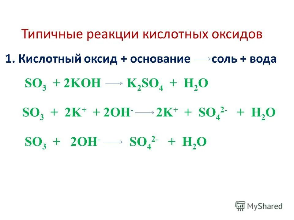 Напишите уравнение реакции кислотного оксида с водой