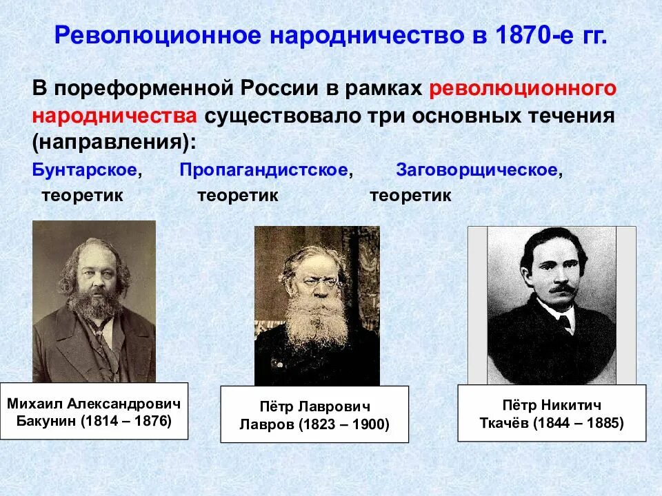 Представители общественных движений при александре 2. Народничество в 1870 Бакунин Лавров ткачёв. Бунтарское направление при Александре 2 Бакунин. Народничество при Александре 2. Основные течения революционного народничества.