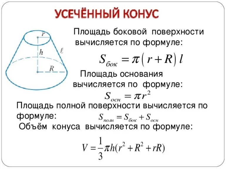 Формула площади усеченного конуса. Площадь основания усеченного конуса. площадь боковой поверхности усеченного конуса формула. площадь поверхности усеченного конуса формула. объем и площадь боковой поверхности усеченного конуса формула.