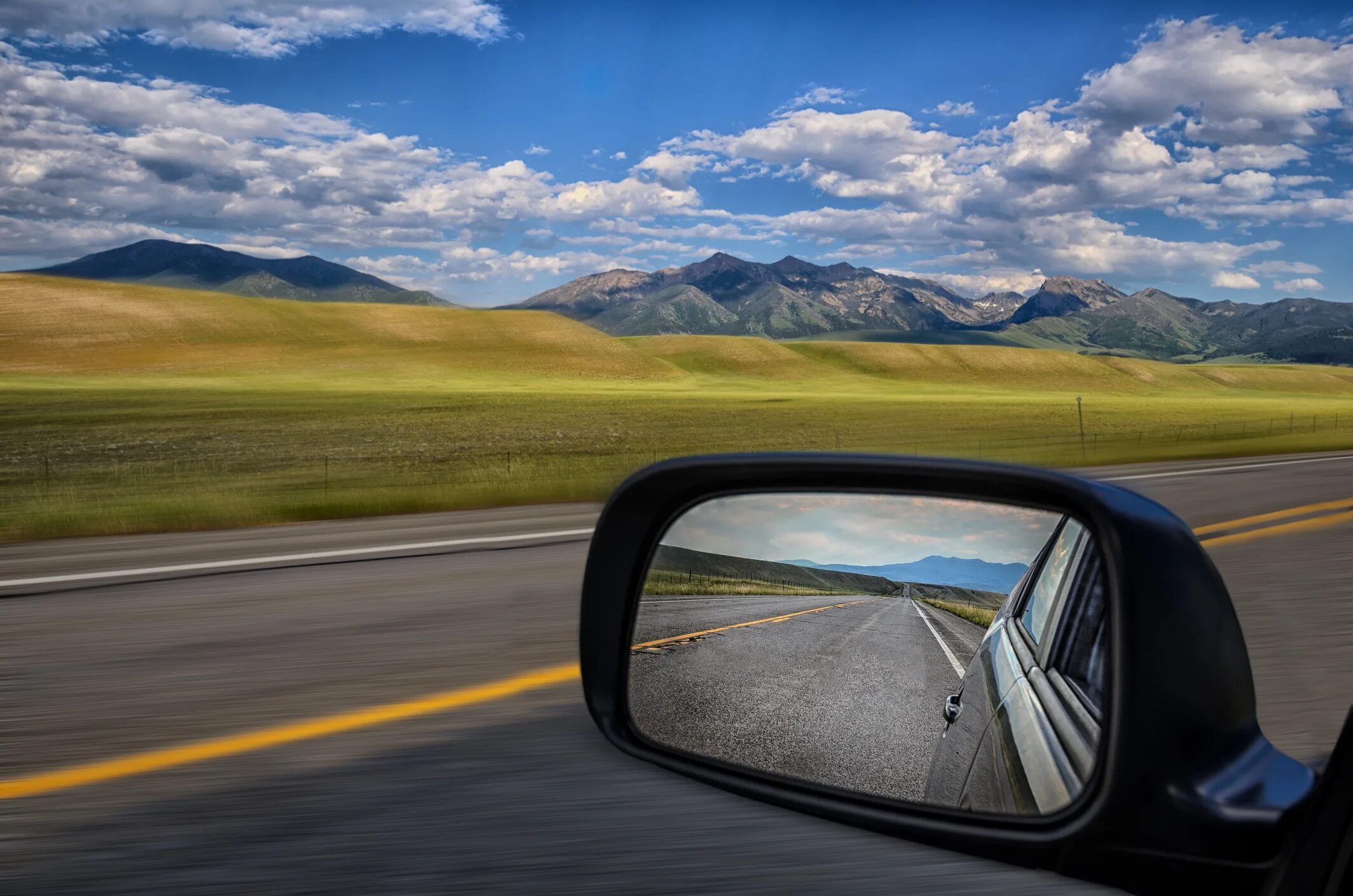 With mirror view. Rearview Mirror view. Car Side Mirror.