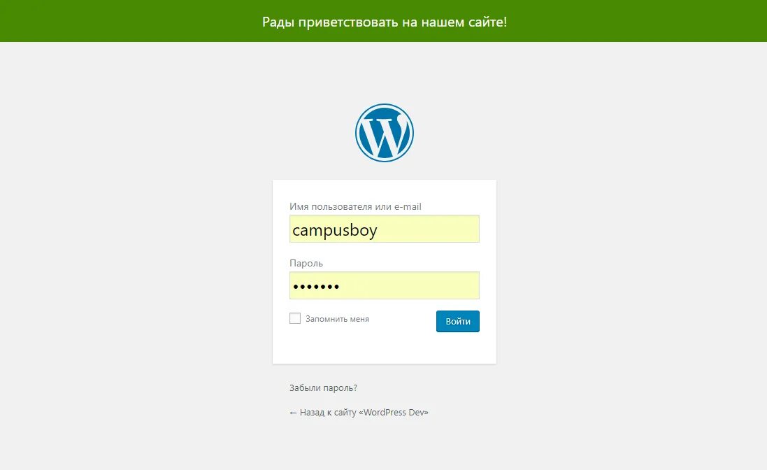 Wordpress login. Страница входа. Хедер вход.