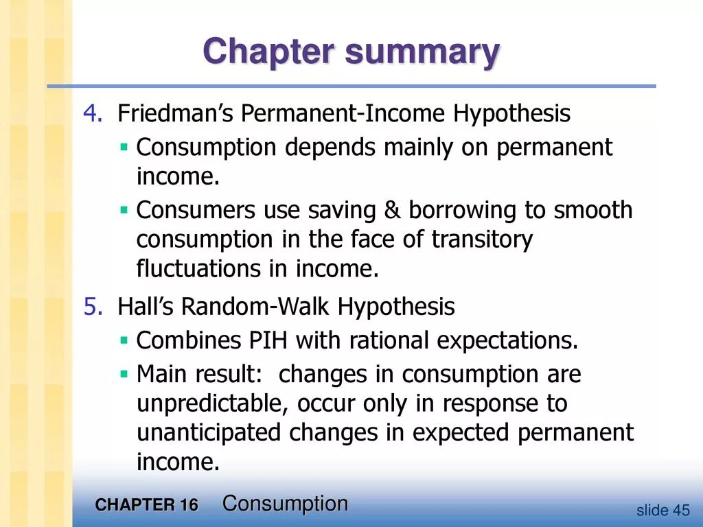 Permanent Income hypothesis. Milton Friedman’s permanent Income hypothesis. Chapter Summary. Permanent Income hypothesis graph.