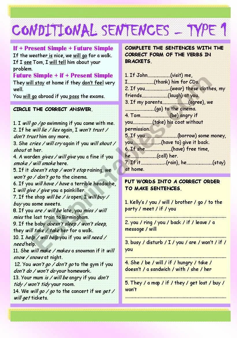 Conditional 1 complete the sentences. Conditional sentences Type 1. Types of conditional sentences. Conditional sentences 1 exercises. Conditional 0 1 упражнения Worksheets.