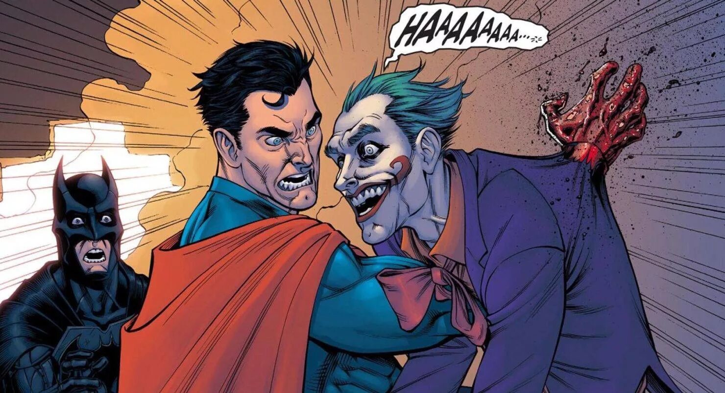 Batman kills. Инджастис Джокер и Супермен. Injustice Супермен убивает Джокера. Супермен против Джокера комикс. Бэтмен несправедливость боги среди нас.
