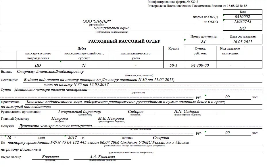 Расходный кассовый ордер подотчет. Расходный кассовый ордер в подотчет пример заполнения. Расходный кассовый ордер пример возврат подотчетных сумм. Образец заполнения РКО на выдачу в подотчет.