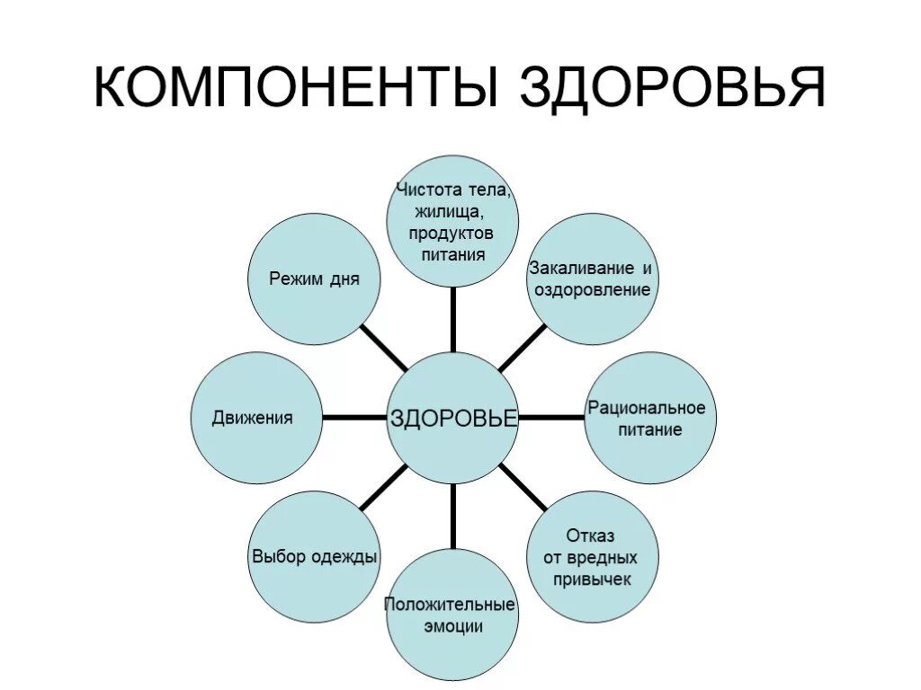 5 составляющих здоровья. Компоненты здоровья. Составляющие компоненты здоровья. Схема здоровья. Основные составляющие здоровья человека.