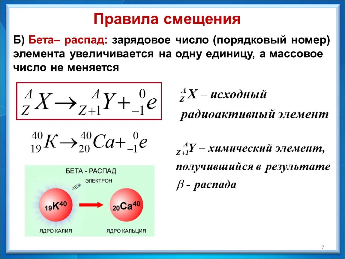 Как изменяется заряд ядра при бета распаде. Правило смещения для Альфа распада формула. Правило смещения радиоактивного распада. Правила смещения атомных ядер. Бета распад изотопа.