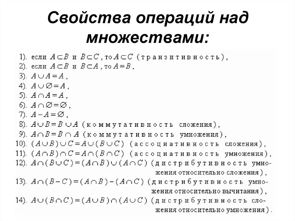 Свойства множеств свойства чисел. Свойства операций над множествами. св ва операций над множествами. множества операции над множествами и их свойства. операции над множествами свойства операций.