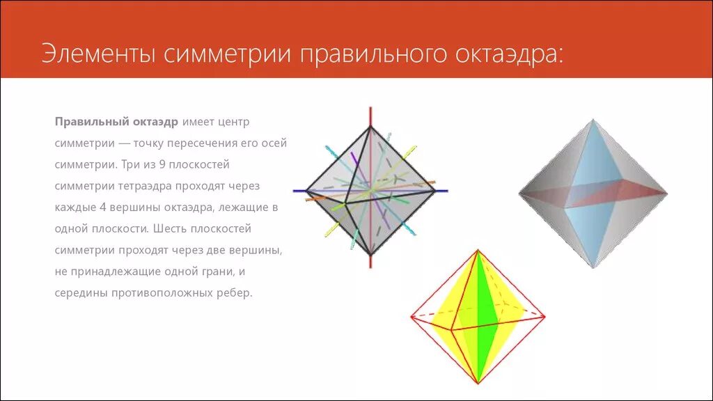 Правильный октаэдр имеет. Элементы симметрии правильного октаэдра. Центр симметрии правильного октаэдра. Правильный октаэдр центр симметрии оси и плоскости симметрии. Октаэдр центр и плоскости симметрии.