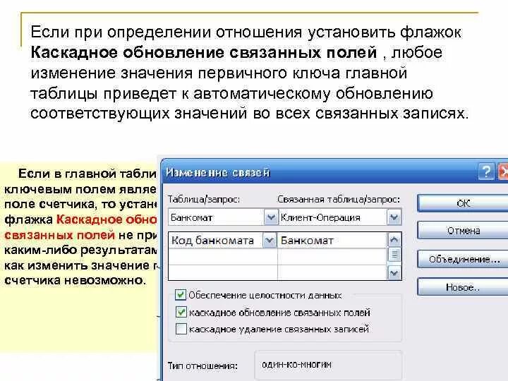 Связано с изменением данных о. Флажок каскадное обновление связанных полей. Каскадное изменение связанных полей». Что такое каскадное удаление связанных записей. Для чего используется каскадное обновление связанных полей.