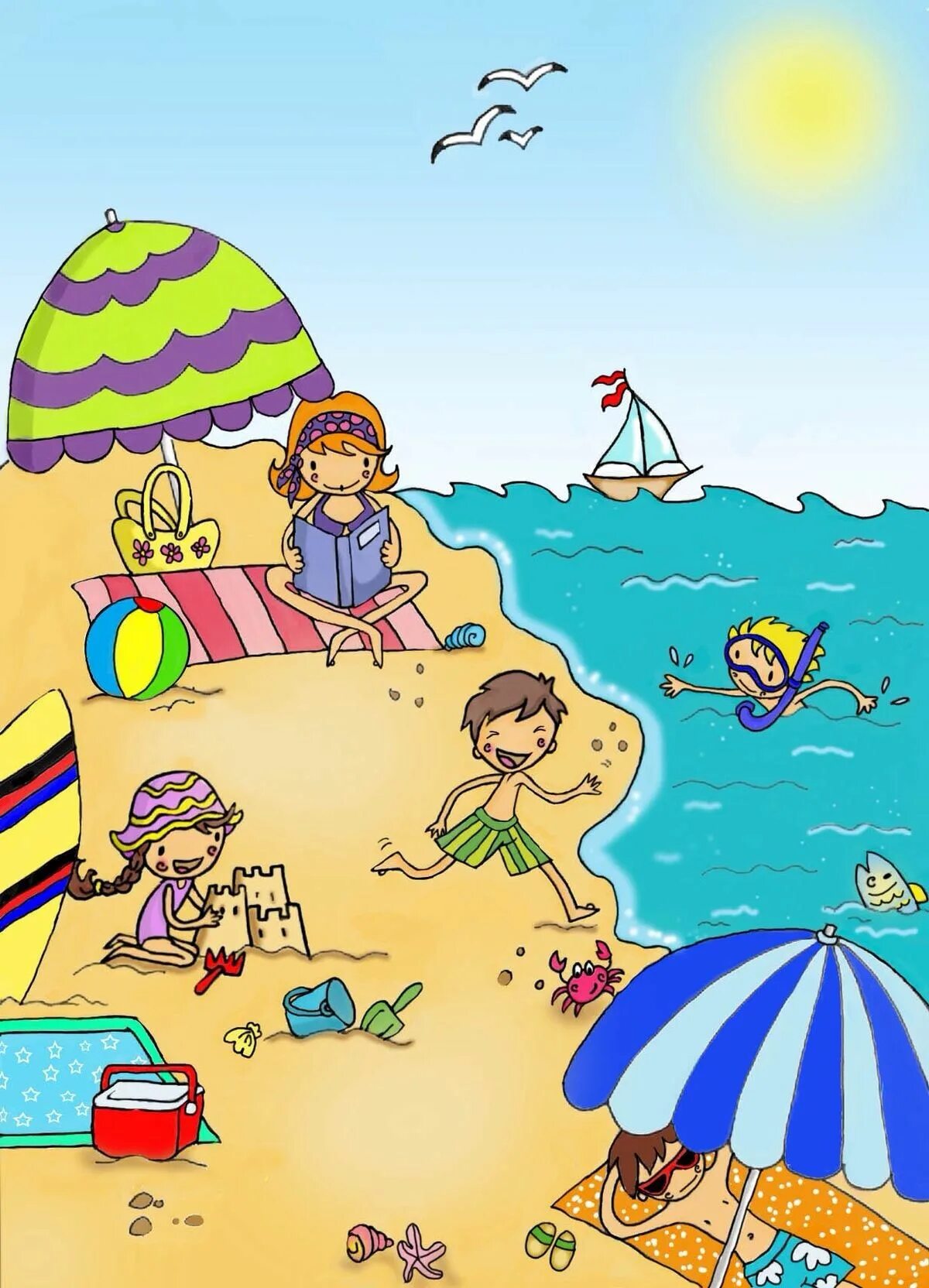 Go to the sea. Рисунок лето. Летние рисунки. Пляж иллюстрация. Детский рисунок лето.