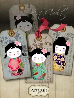 Printable Download KOKESHI GIFT TAGS traditional dolls, Japanese-style part...