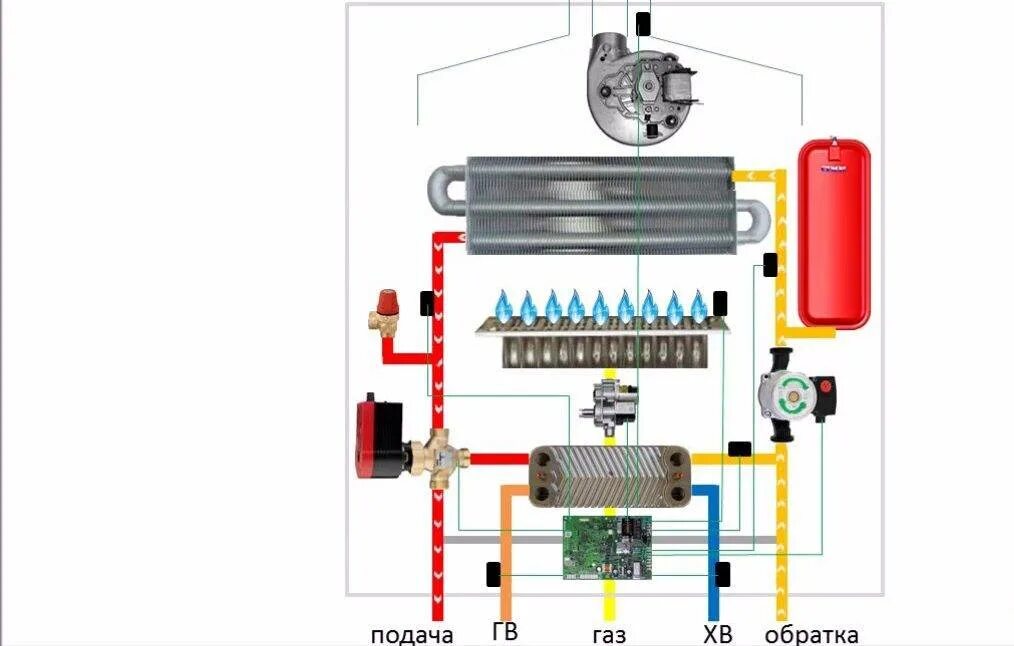Как работает настенный газовый котел. Принципиальная схема двухконтурного газового котла. Устройство двухконтурного газового котла схема. Схема работы двухконтурного газового котла. Схема теплообменника двухконтурного газового котла.