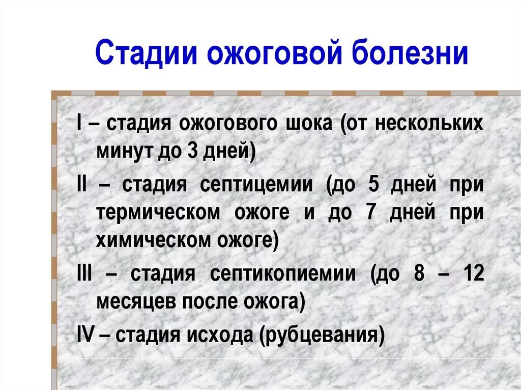 Степени шока при ожогах. Стадии течения ожоговой болезни. Ожоговая болезнь фазы течения. Периоды развития ожоговой болезни. 4 Периода течения ожоговой болезни – это.