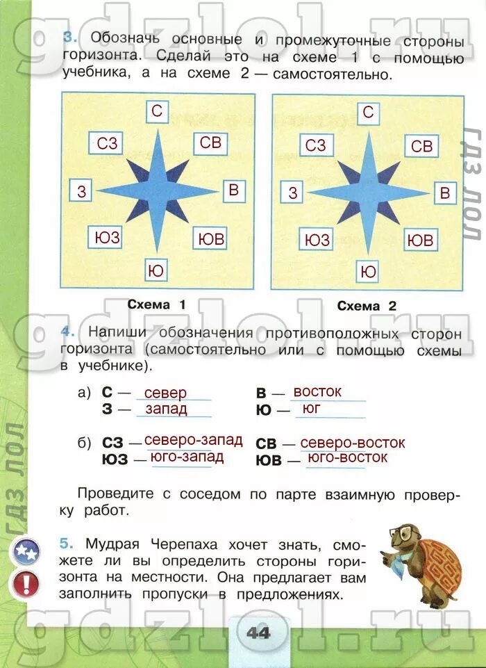 Обозначь основные и промежуточные стороны горизонта