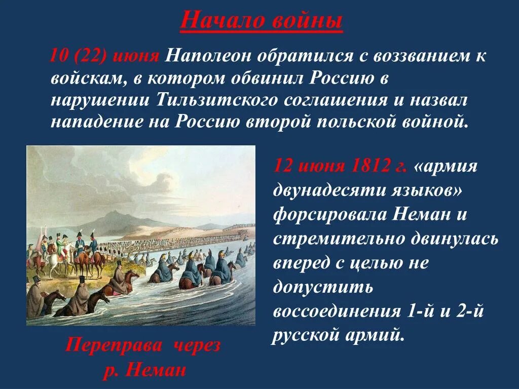 Начало Отечественной войны 1812 переправа через Неман. Цели Наполеона в войне с Россией в 1812. Нападение назвать