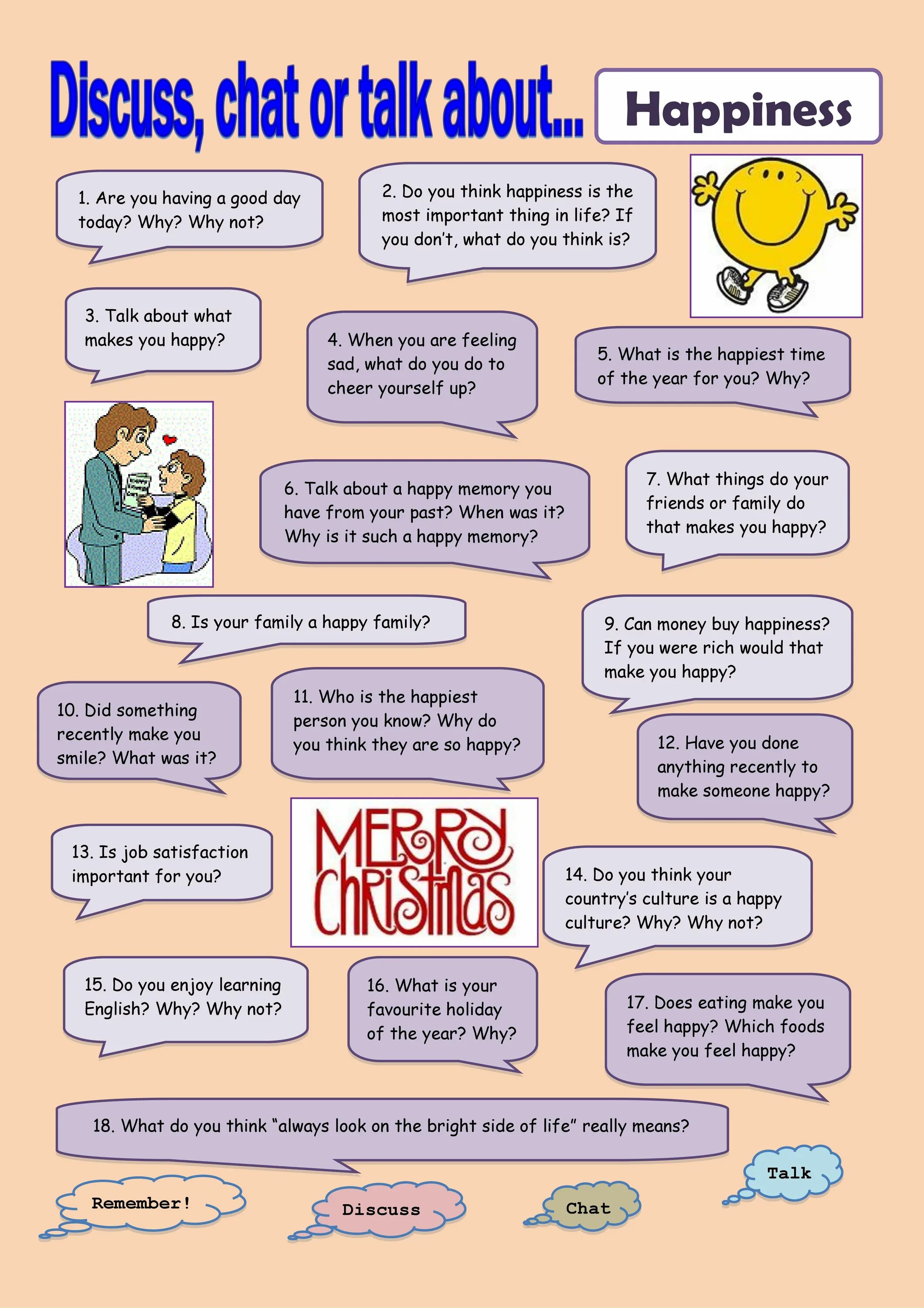 Like when talking about. Discuss chat or talk about. Let's talk about English. Speaking Cards relationships. Questions about Happiness.