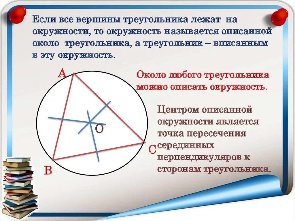 Окружность проходящая через вершины треугольника. Центр окружности описанной около треугольника. Центр окружности лежит на. Около любого треугольника можно описать окружность. Название центра описанной окружности.