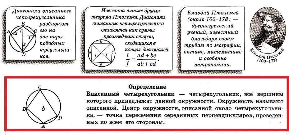 Пересечение диагоналей четырехугольника вписанного в окружность. Вписанный четырехугольник в окружность свойства. Теорема Птолемея для четырехугольника вписанного в круг. Теорема Птолемея для вписанного четырехугольника. Описанная и вписанная окружность четырехугольника.