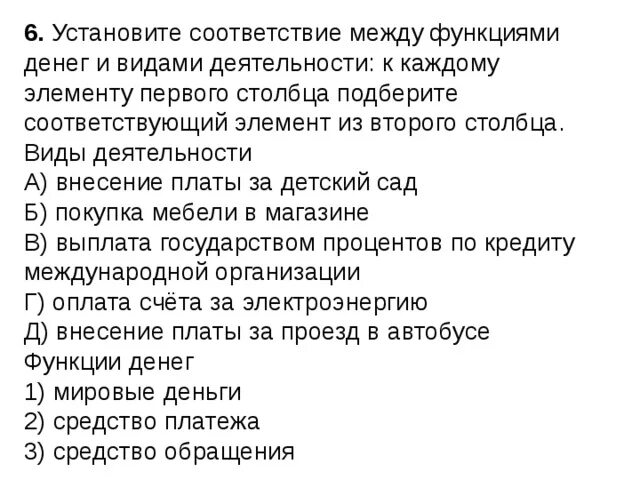 Соответствие между примерами и функциями денег Соответствие между примерами и функциями денег