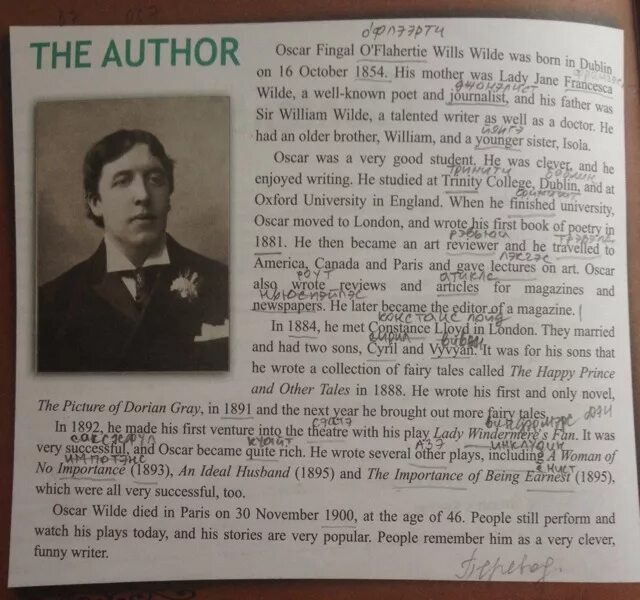 He writes good well. The author Oscar Fingal o'Flahertie wills Wilde was born. He is very Clever.