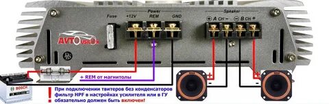 Двухканальный усилитель подключаю к динамикам