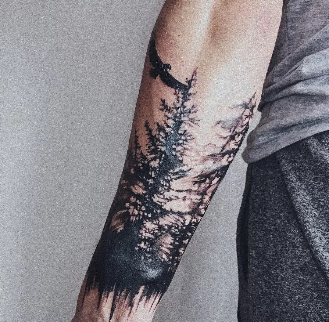 тату леса. тату блэкворк лес. тату рукав лес. тату черный лес. тату лес на руке.