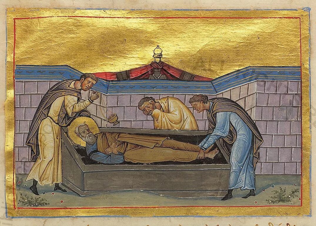 Место кончины. Икона "Матфей евангелист". Смерть апостола Матфея. Минологий 11 века Синай.