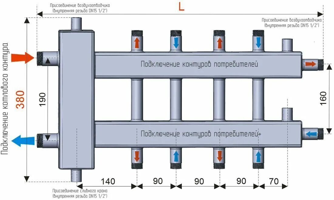 Конструкция коллекторов. Коллектор отопления распределительный 1 1/2". Гидрострелка на 150 КВТ чертеж. Коллектор с гидрострелкой на 3 контура. Гребёнка распределительная диаметр 159 для систем отопления.