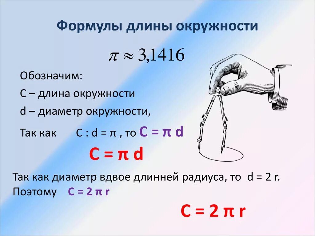 Длина формула математика. Формула нахождения длины окружности. Формула измерения окружности. Формула расчета окружности. Длина окружности формула.