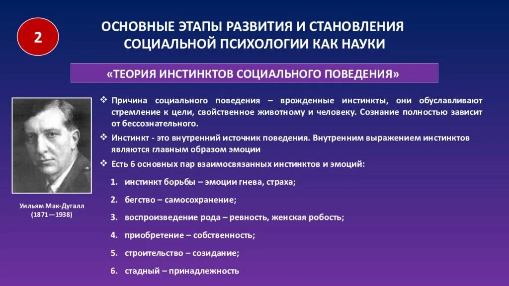 Теория общественного поведения. Теория инстинктов социального поведения. Теория инстинктов социального поведения (у. Мак-Дугалл).. Этапы становления социальной психологии. Уильям Мак-Дугалл (1871-1938).