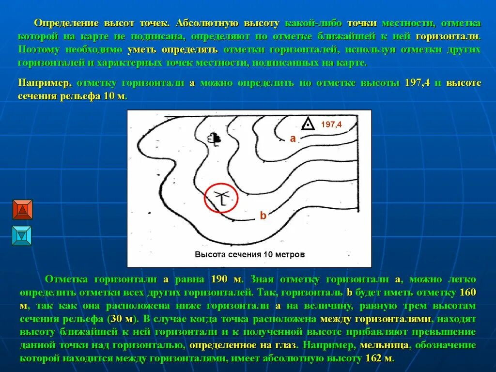 Признаки горизонтали. Определение высот точек на карте. Высота точки по горизонтали. Абсолютная отметка. Определение высот точек.