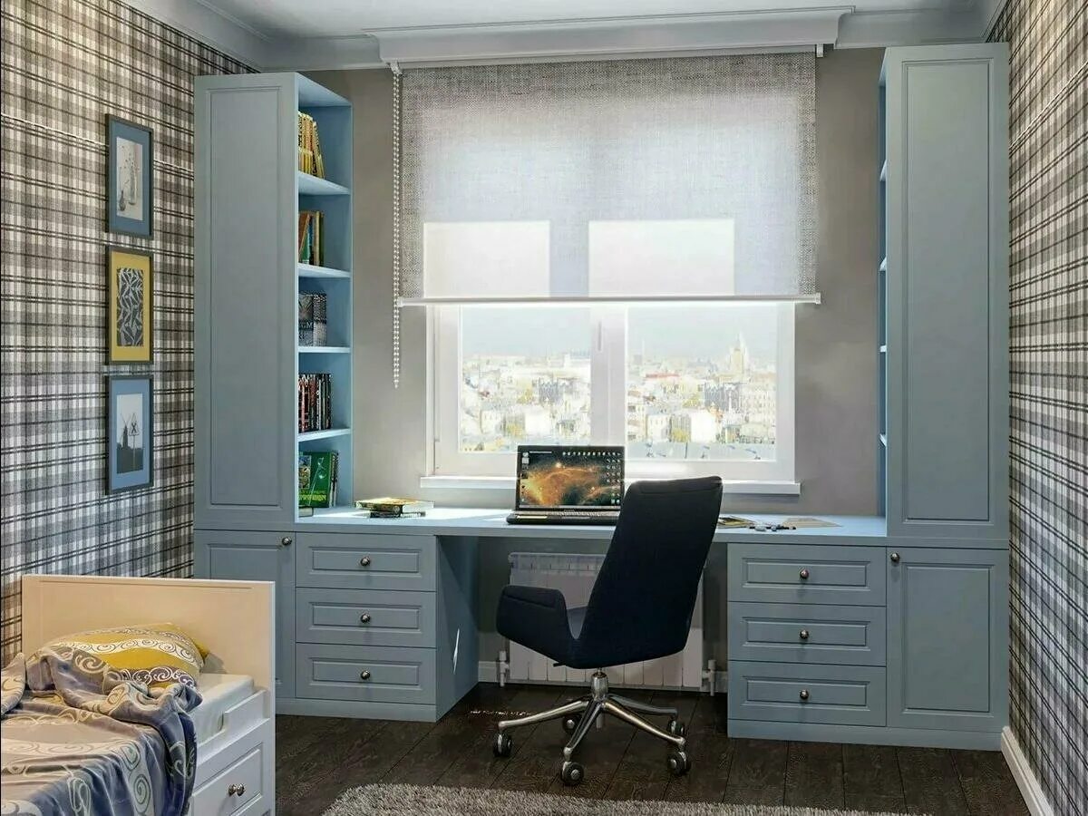 письменный стол под окном в детской. письменный стол подоконник в детской. встроенный стол в детскую. письменный стол возле окна. стол-подоконник в детской.