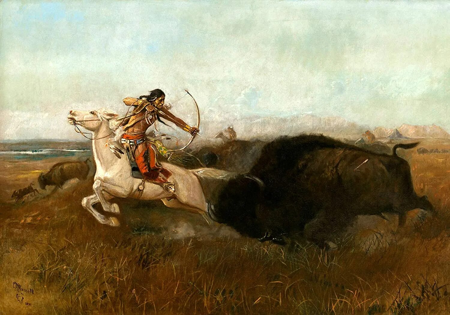 Какие произведения живописи есть. Чарлз Рассел индейцы. Охота индейцев на бизонов. Художник ч.Расселл.. Сцена охота на бизонов индейцами Северной Америке.